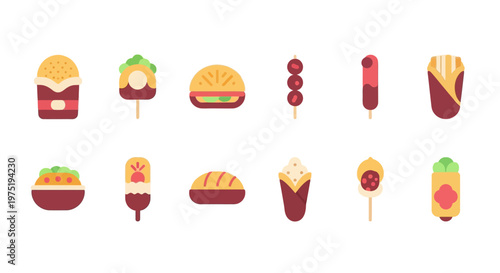 A flat design illustration of various street food items presented in a grid, showcasing a diverse culinary collection