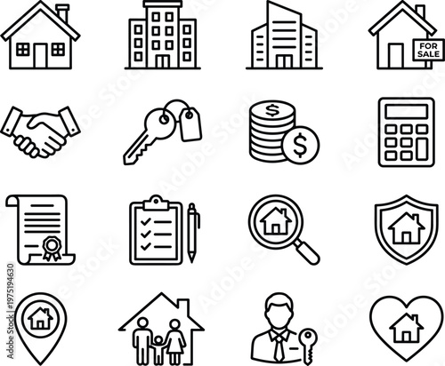 A collection of black and white line icons related to real estate and property