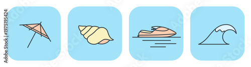 Set of four flat summer icons featuring sun umbrella, seashell, jet ski, and ocean wave. Vector illustrations for vacation design