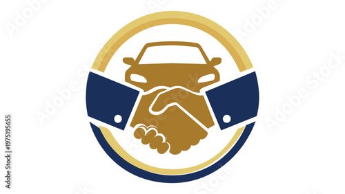 Professional car insurance vector icon illustration featuring a golden handshake and vehicle silhouette inside a circular border. Ideal for automotive sales, rental agreements, and policy deals.