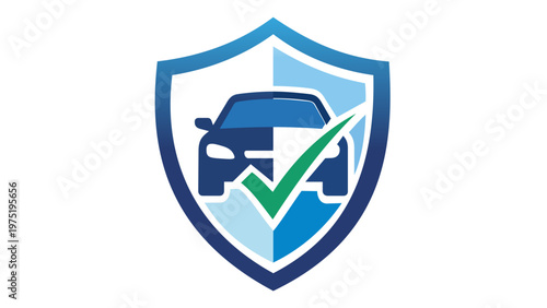 Car insurance vector icon illustration featuring a blue shield with a vehicle silhouette and a green checkmark, symbolizing automotive protection, safety, security, and policy approval status.
