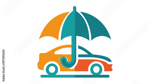 Flat vector icon illustration of a car protected under an umbrella, symbolizing vehicle insurance, safety, and coverage. Minimalist design for automotive protection and financial security services.