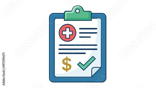 Medical health insurance policy vector icon illustration featuring a clipboard with a medical cross symbol, dollar sign, and green checkmark representing healthcare coverage and claims.