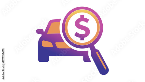 Vector icon illustration of a car with a magnifying glass and dollar sign symbol, representing car insurance, vehicle valuation, auto loan search, price comparison, and financial appraisal.