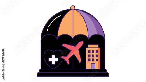 Comprehensive insurance coverage vector icon illustration featuring a protective umbrella over health, travel, and property symbols like a heart, airplane, and building for safety and security.