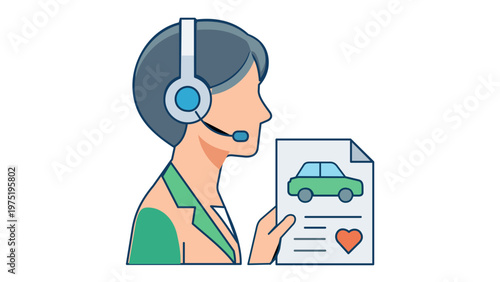 Vector illustration of a professional customer service agent wearing a headset and holding a car insurance policy document, representing risk coverage, automotive support, and client assistance.