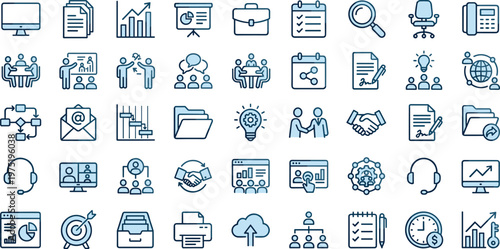 A collection of business and office icons on a white background