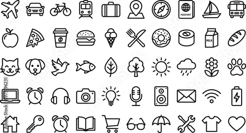 A collection of various line icons on a white background