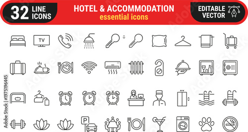 A collection of 32 essential line icons for hotel and accommodation services