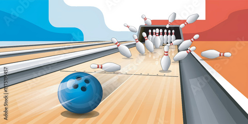 Blue Bowling Ball Knocking Down Pins.