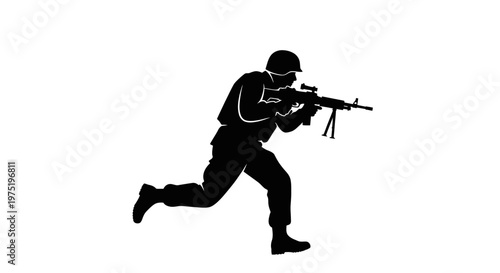 Schilderij op canvas Soldier silhouette running with rifle, military action, tactical movement