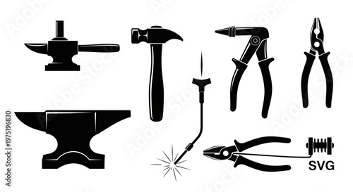Blacksmith Tools and Metalworking Equipment Set - Anvil, Hammer, Pliers, Welder