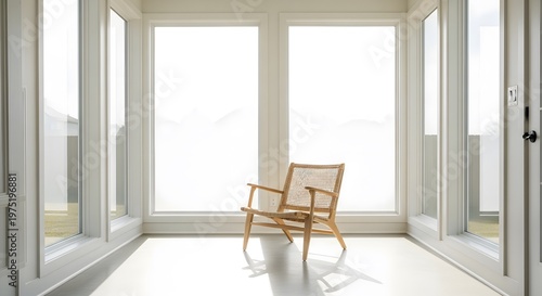 Minimalist Sunroom with Cane Chair and Large Windows