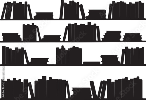 A black and white image of books on shelves Vector, illustration