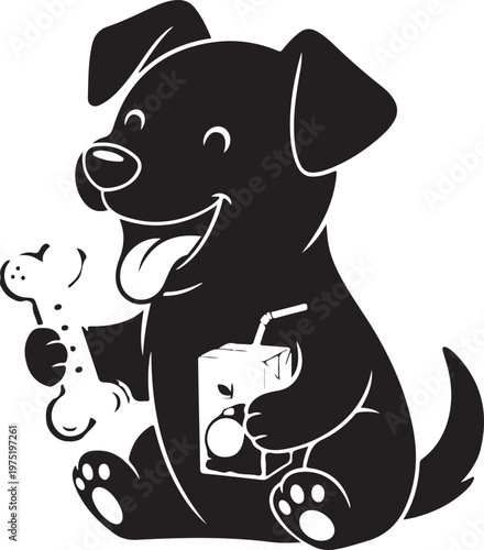 A cartoon dog sitting with a bone and a milk carton Vector, illustration