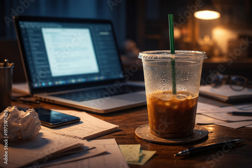 cold coffee cup left on messy desk with laptop at night