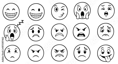 Set of hand drawn cartoon emoticons showing various emotions.