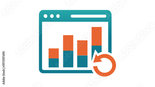 SaaS platform dashboard vector icon illustration featuring a stacked bar chart inside a web browser window with a refresh arrow, representing real-time data analytics and cloud database updates.
