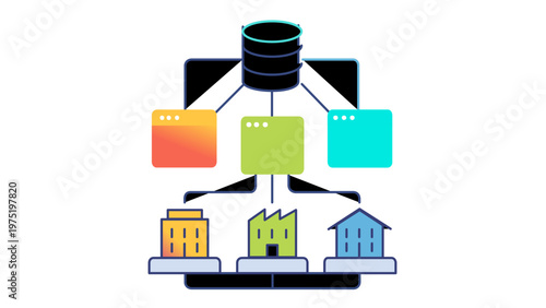 Multi-tenant SaaS cloud architecture vector illustration featuring a central database server connected to web application interfaces and diverse business entities like offices and factories.