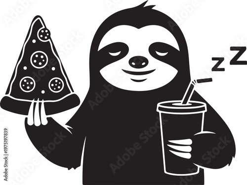 A cartoon sloth holding a slice of pizza and a soda Vector, illustration