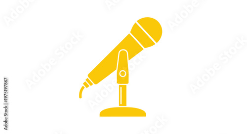 Yellow Microphone Icon on Stand, Isolated on White Background, Vector Graphic