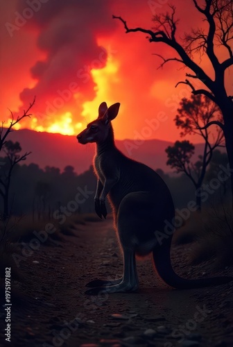 Silhouette of a kangaroo standing tall against a fiery sunset backdrop, illuminated by the glow of distant wildfires, a poignant image of resilience amidst adversity.