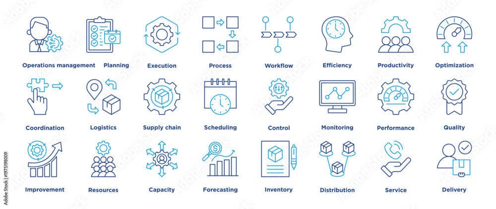 Photography operations management icon set featuring planning, execution, process, workflow, efficiency, productivity, optimization, coordination, logistics