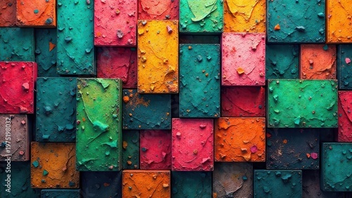 A vibrant mosaic of richly textured rectangular blocks in a diverse array of bold colors, creating a visually striking and dynamic abstract composition.