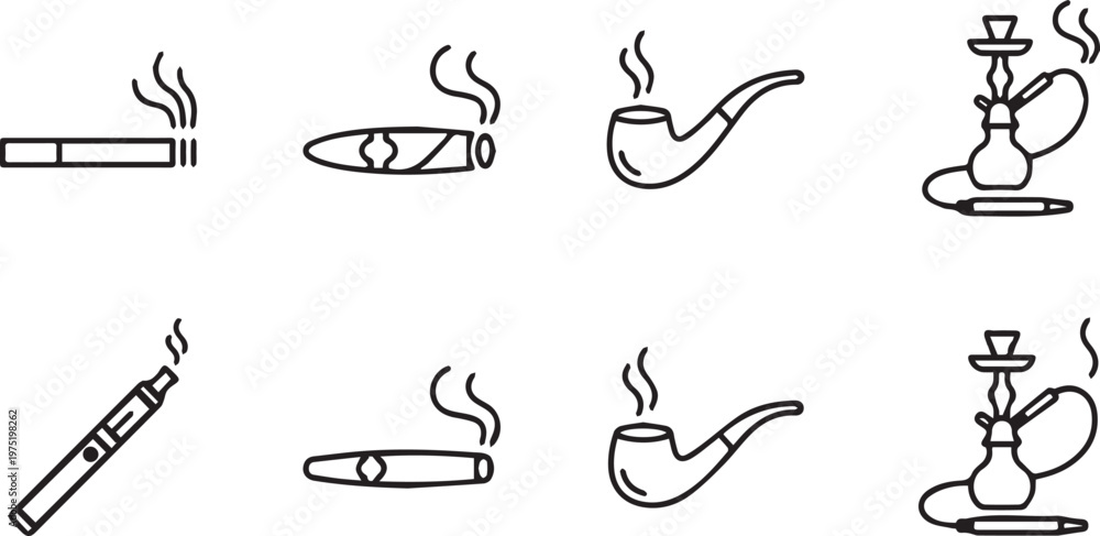 Obraz premium A comprehensive grid of eight black outline icons illustrating various smoking products and associated items, including cigarettes, cigars, pipes, and hookahs.