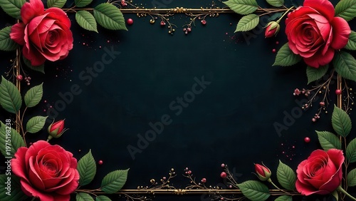 Luxurious Dark Background Framed by Exquisite Red Roses and Gilded Accents, Perfect for Elegant Designs or Romantic Invitations