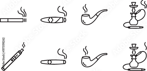 A comprehensive grid of eight black outline icons illustrating various smoking products and associated items, including cigarettes, cigars, pipes, and hookahs.