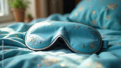 A delicately embroidered teal sleep mask rests gently on a matching textured bedding set, promising restful slumber