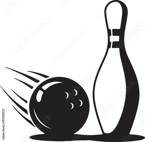 A black bowling ball and pin on a white background Vector, illustration