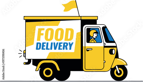 A cheerful and modern illustration of a yellow three-wheeled food delivery truck with a driver, featuring "FOOD DELIVERY" text on its side and a small yellow flag, isolated on a white background.