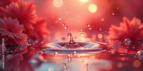 Serene Water Droplet Impacting a Crimson Liquid Surface Adorned with Delicate Blossoms