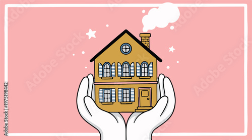 An adorable cartoon illustration depicts two loving hands gently cradling a charming, detailed yellow house against a soft pink background, symbolizing home protection and care.