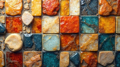 A Colorful Mosaic Tile Composition Featuring Irregularly Shaped Stones and Vibrant Glass Tiles