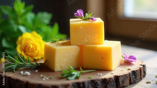 Delightful Cubes of Yellow Cheese Adorned with Delicate Blossoms and Aromatic Herbs on Rustic Wooden Surface