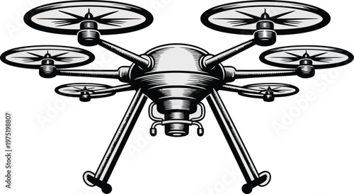 Detailed black and white engraving of a hexacopter drone with six rotors and a central body, featuring a mounted camera.