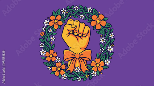 A powerful golden clenched fist, symbolizing strength and solidarity, is encircled by a vibrant floral wreath of orange and white flowers with green leaves, tied with an orange ribbon, set against a r