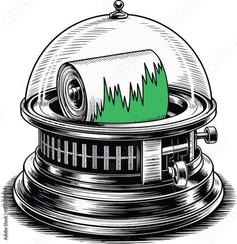 A vintage scientific recording instrument with a glass dome, displaying a green fluctuating graph on a paper roll.