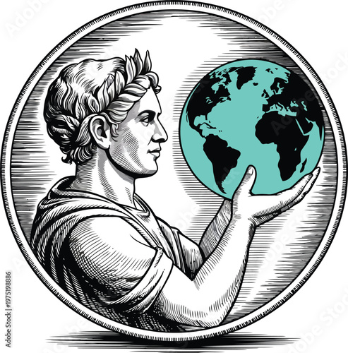 Classical figure wearing a laurel wreath holding a teal globe representing Earth in an engraving style.