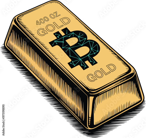 Golden ingot with a modern Bitcoin symbol, representing the convergence of traditional wealth and cryptocurrency.