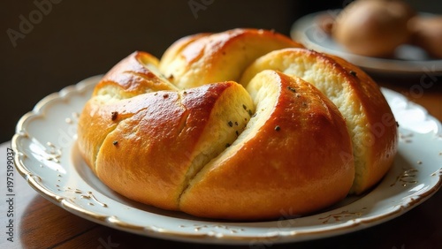 Golden-brown artisan bread, baked to perfection, sits on an elegant plate, ready to be shared and savored