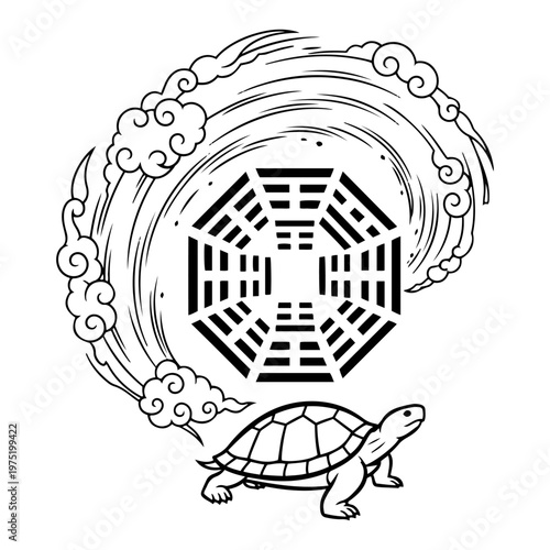 Turtle carrying bagua symbol and swirling clouds in traditional oriental engraving style