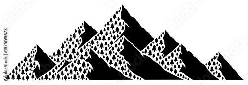 Foto Mountain peaks silhouette composed of numerous tiny evergreen tree icons in mosa
