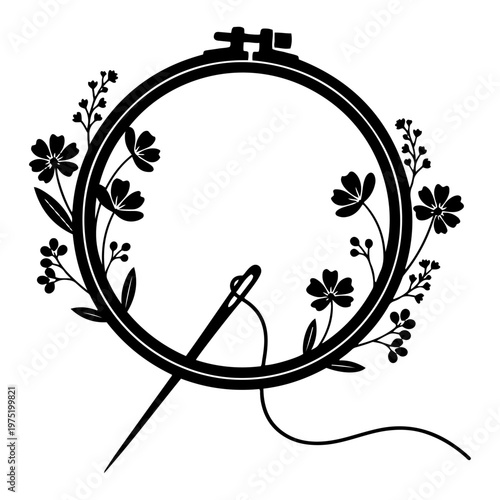 Embroidery hoop with needle and thread decorated with flowers in black silhouette style