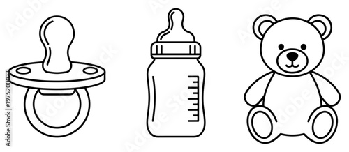 Pacifier baby bottle and teddy bear set in minimalist black line art style