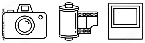 Camera film roll and instant photo frame icons in simple line art style