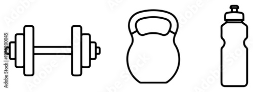 Dumbbell kettlebell and water bottle fitness icons in bold line art style